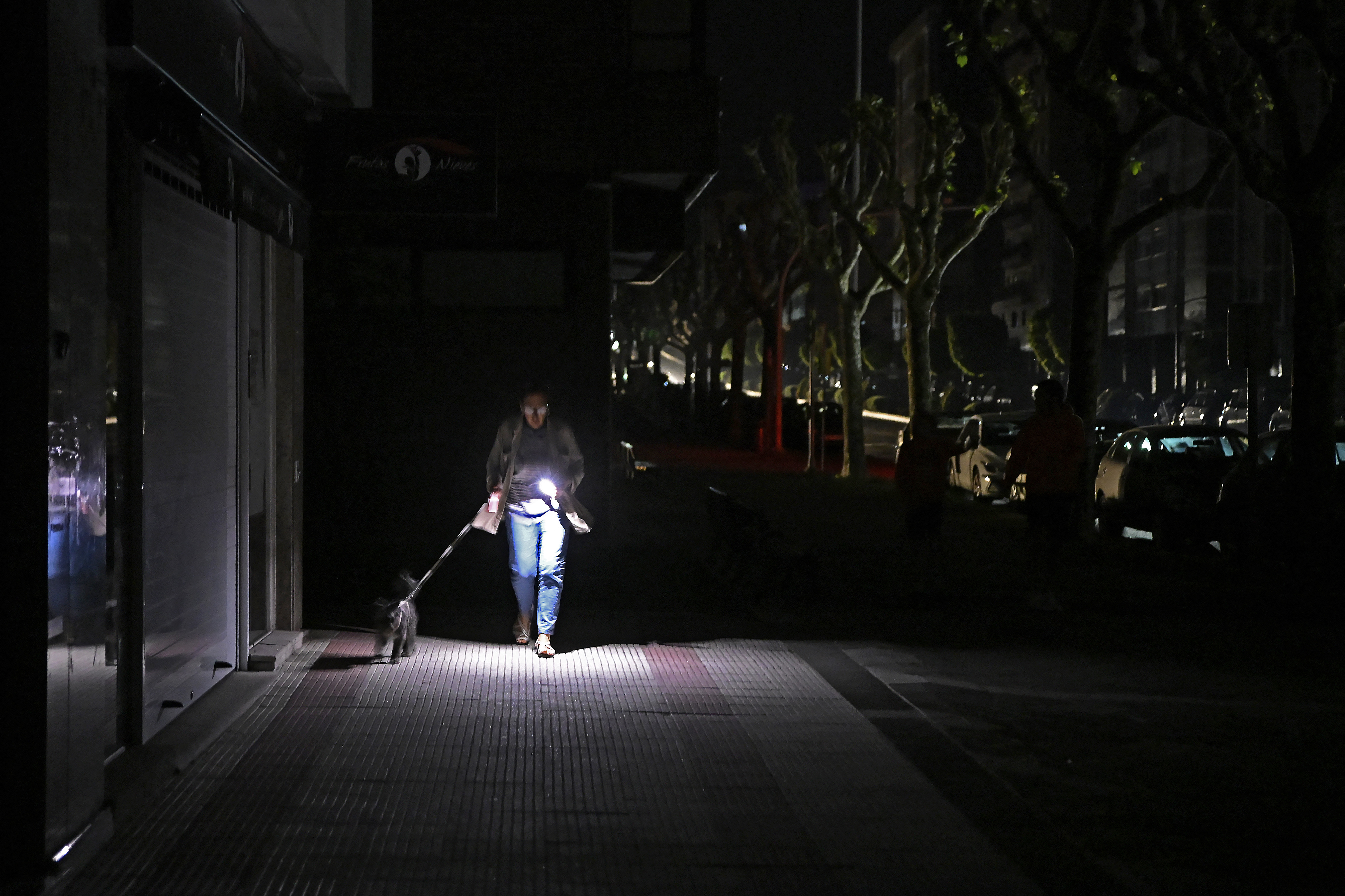 Woman walking dog at night using phone light during a power outage.