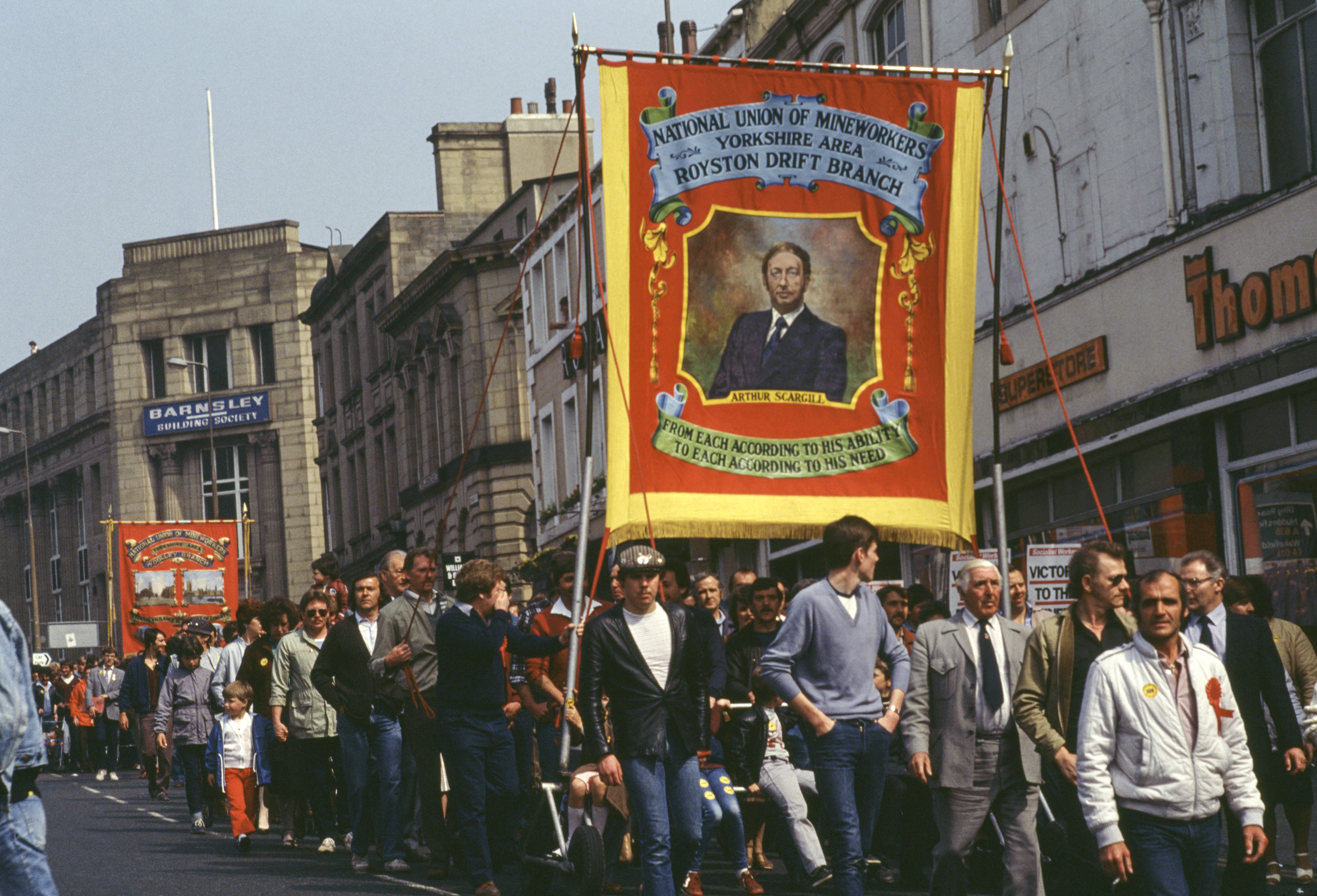 Miners' march in Barnsley, UK, circa 1980.