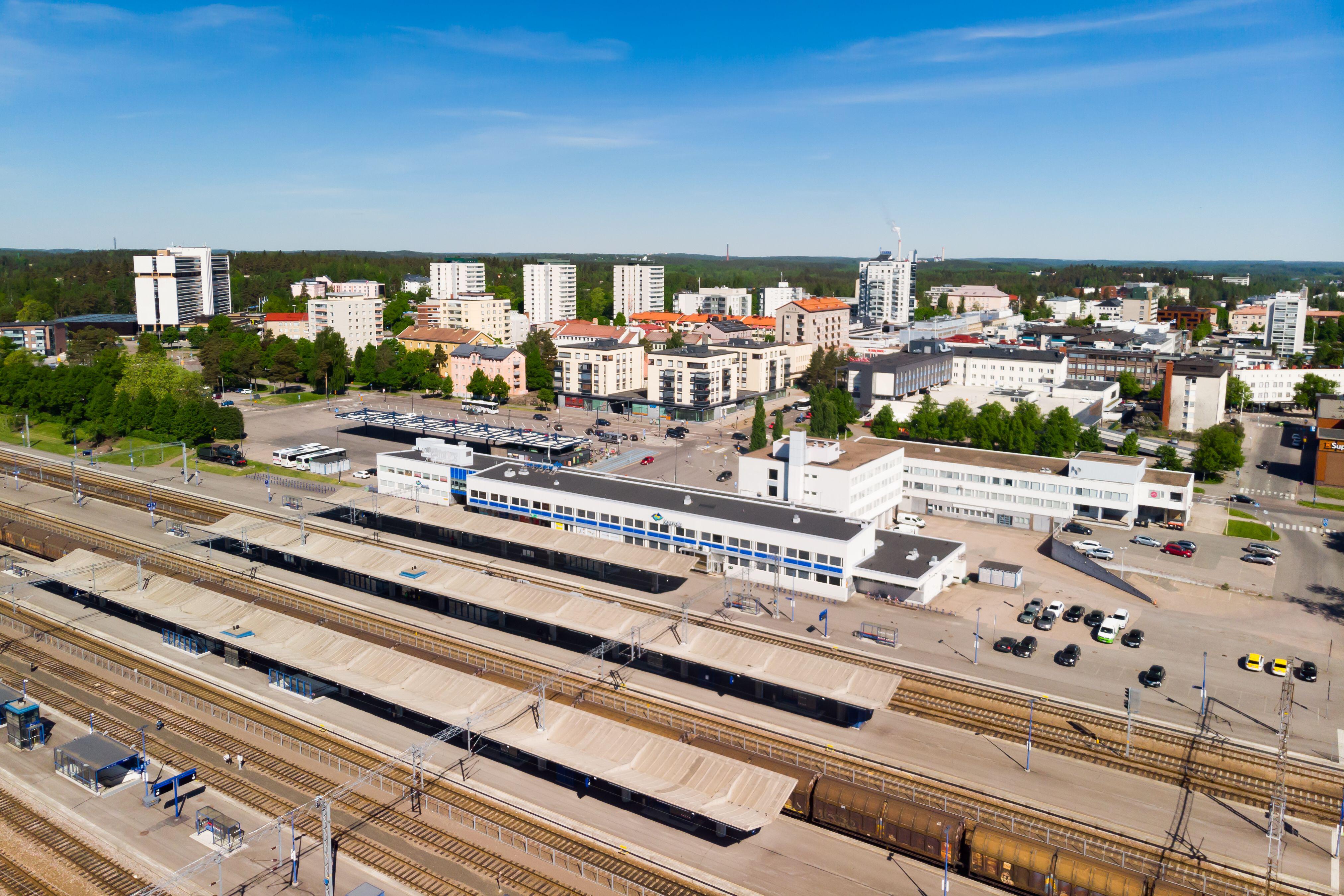 Aerial view of Kouvola railway station and city center.